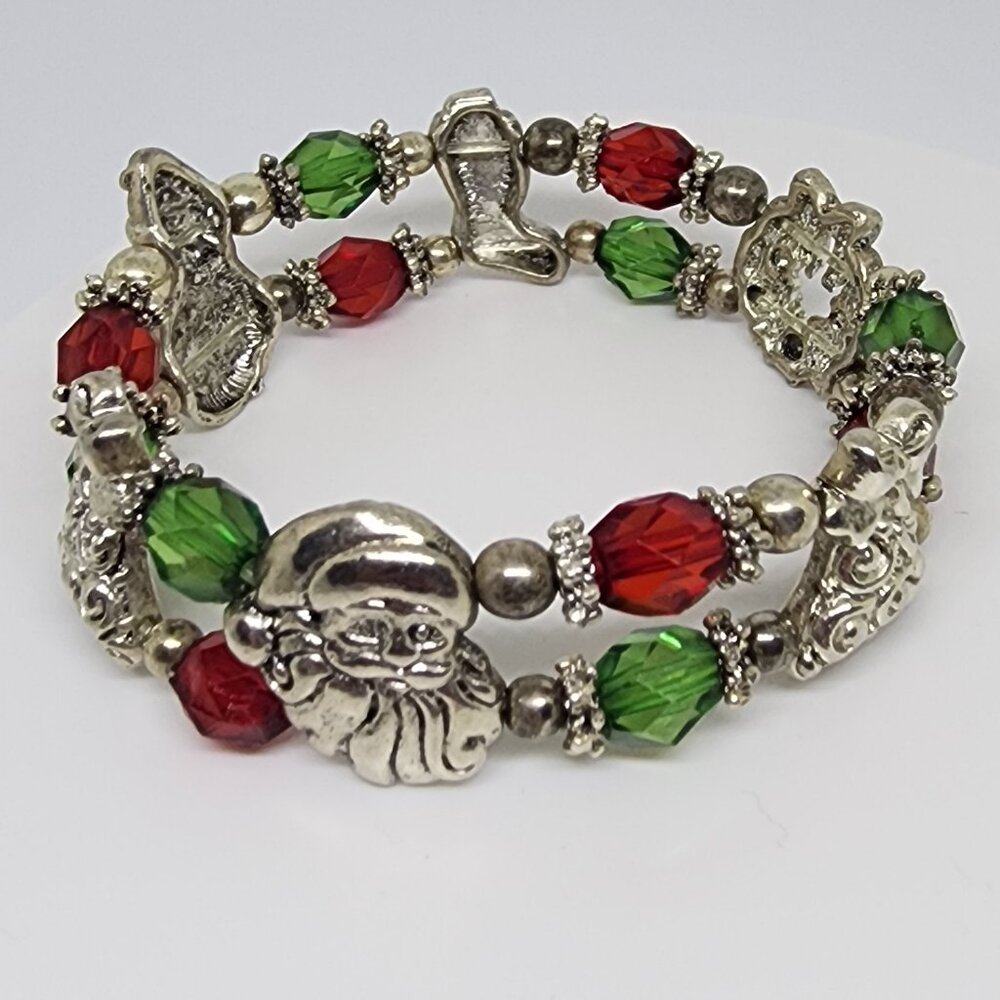 Christmas Red Green Santa Bells Snowman Wreath Stocking Silver Charm Bracelet